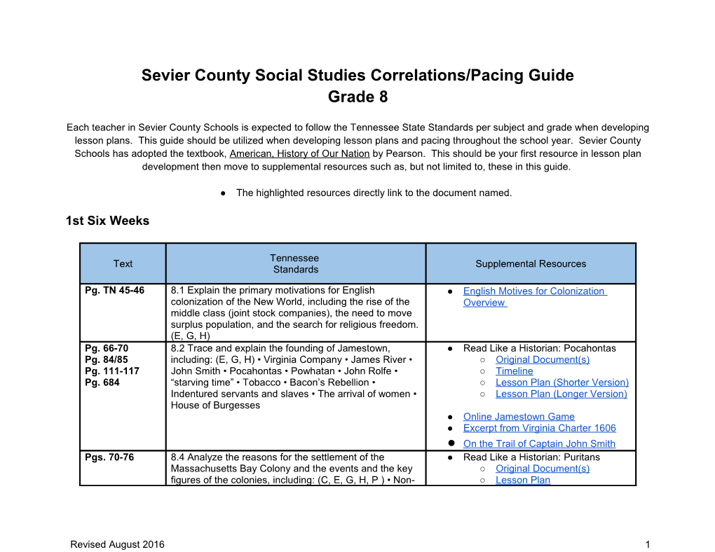 Sevier County Social Studies Correlations/Pacing Guide