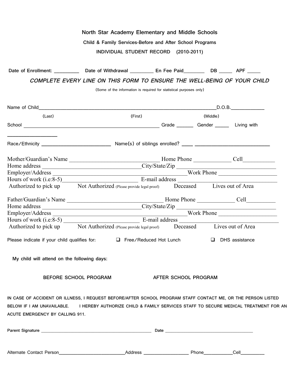 INDIVIDUAL STUDENT RECORD (2003-2004) Child & Family Services- Before/After School Program