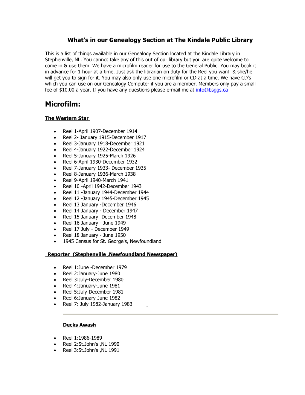 What S in Our Genealogy Section at the Kindale Public Library