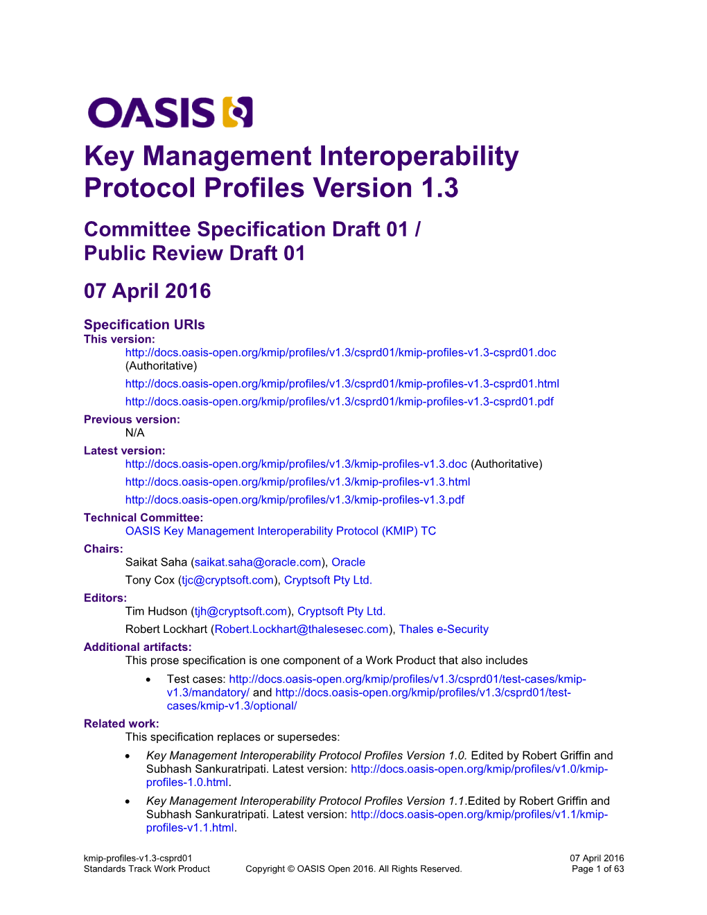 Key Management Interoperability Protocol Profiles Version 1.3