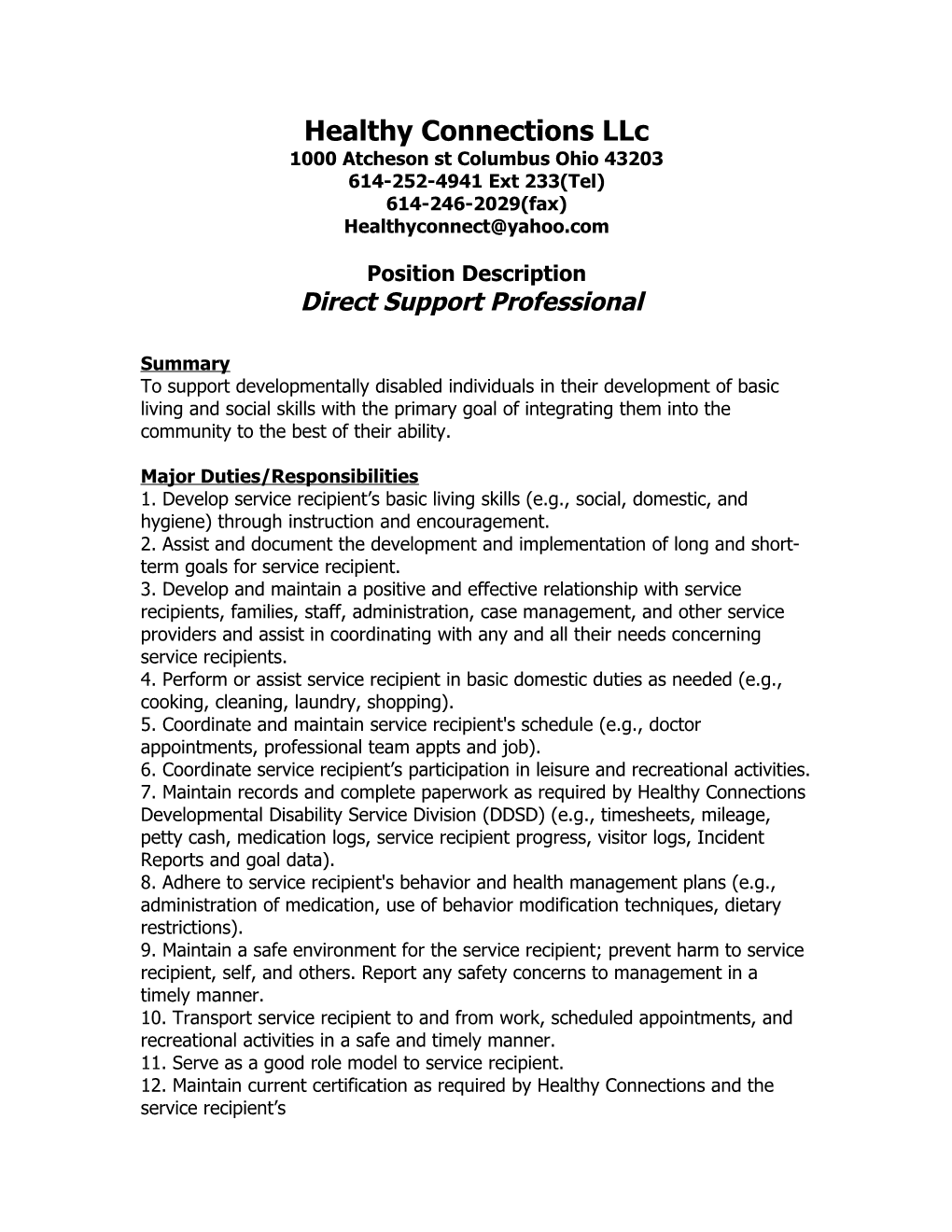 Direct Support Professional Job Description