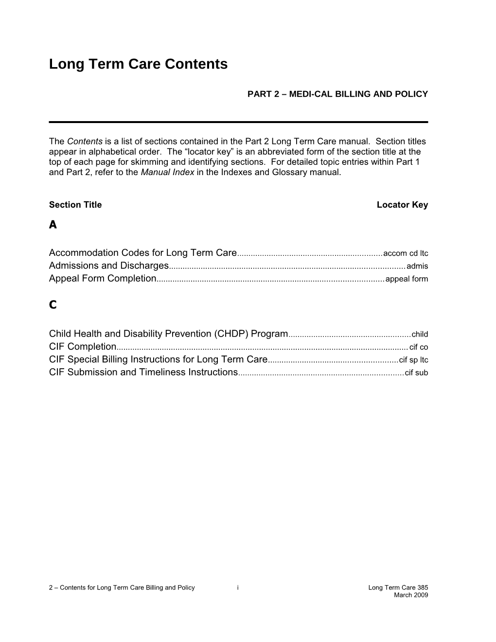 Contents (Part 2 Medi-Cal Billing and Policy): Long Term Care (LTC) (2Toc Ltc)