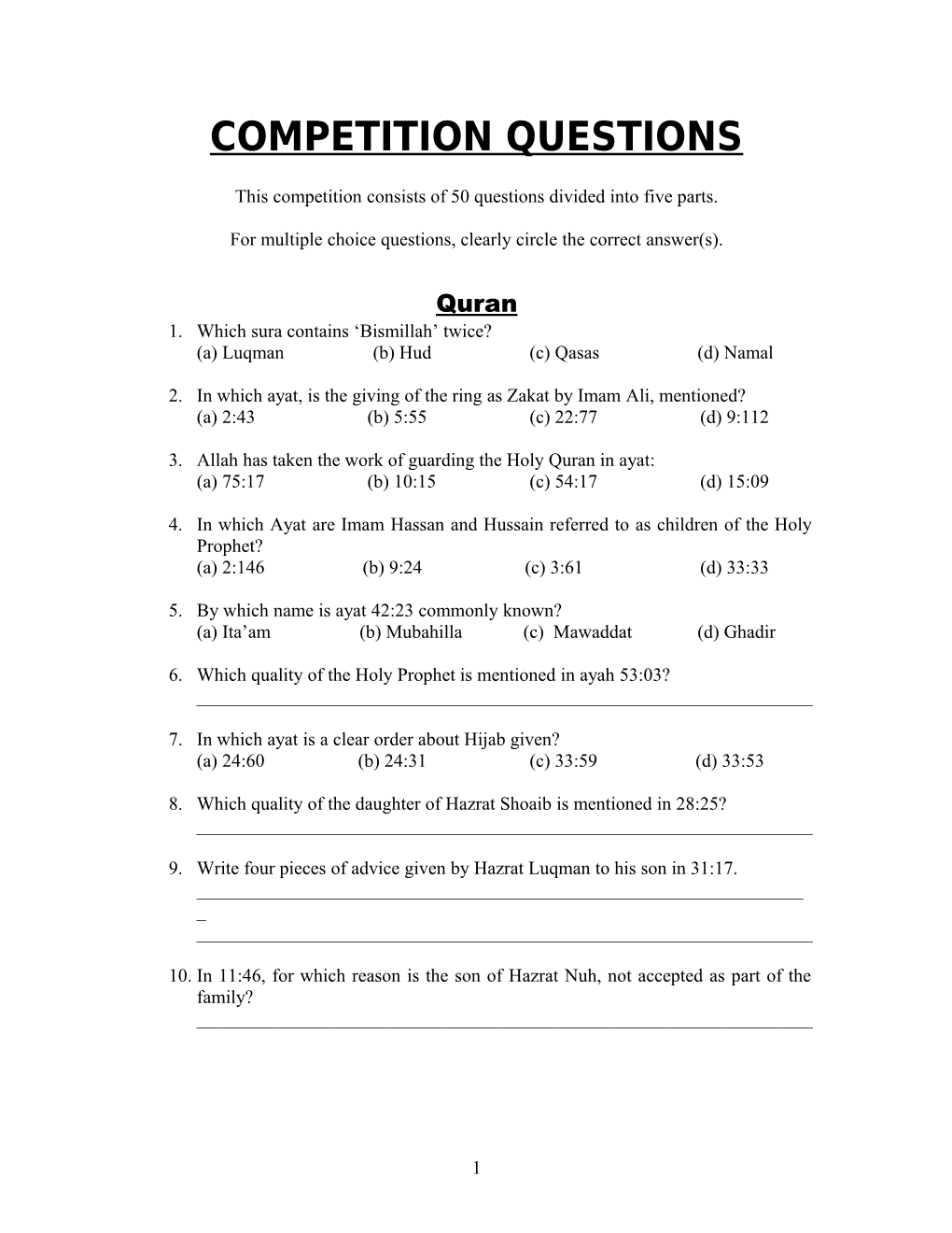 Competition Questions