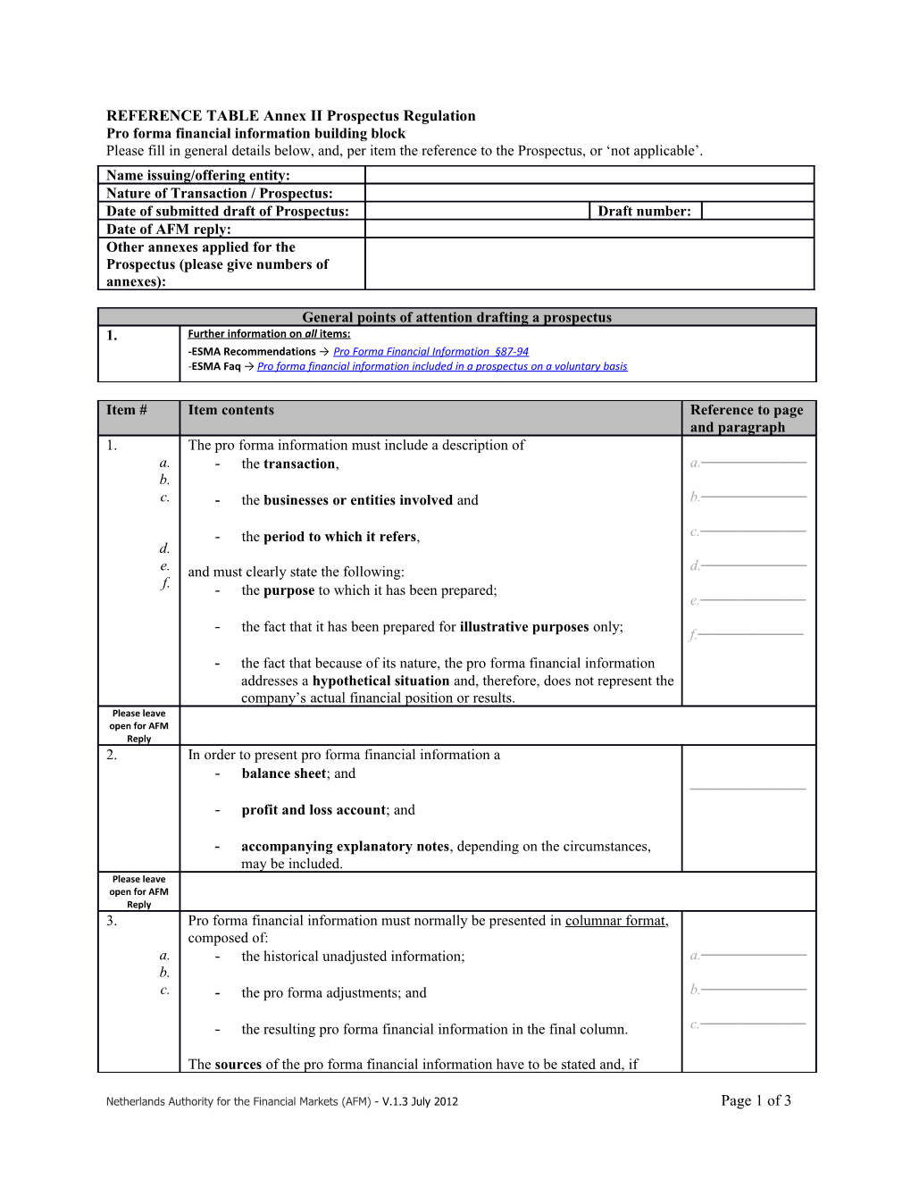 REFERENCE TABLE Annex II Prospectus Regulation