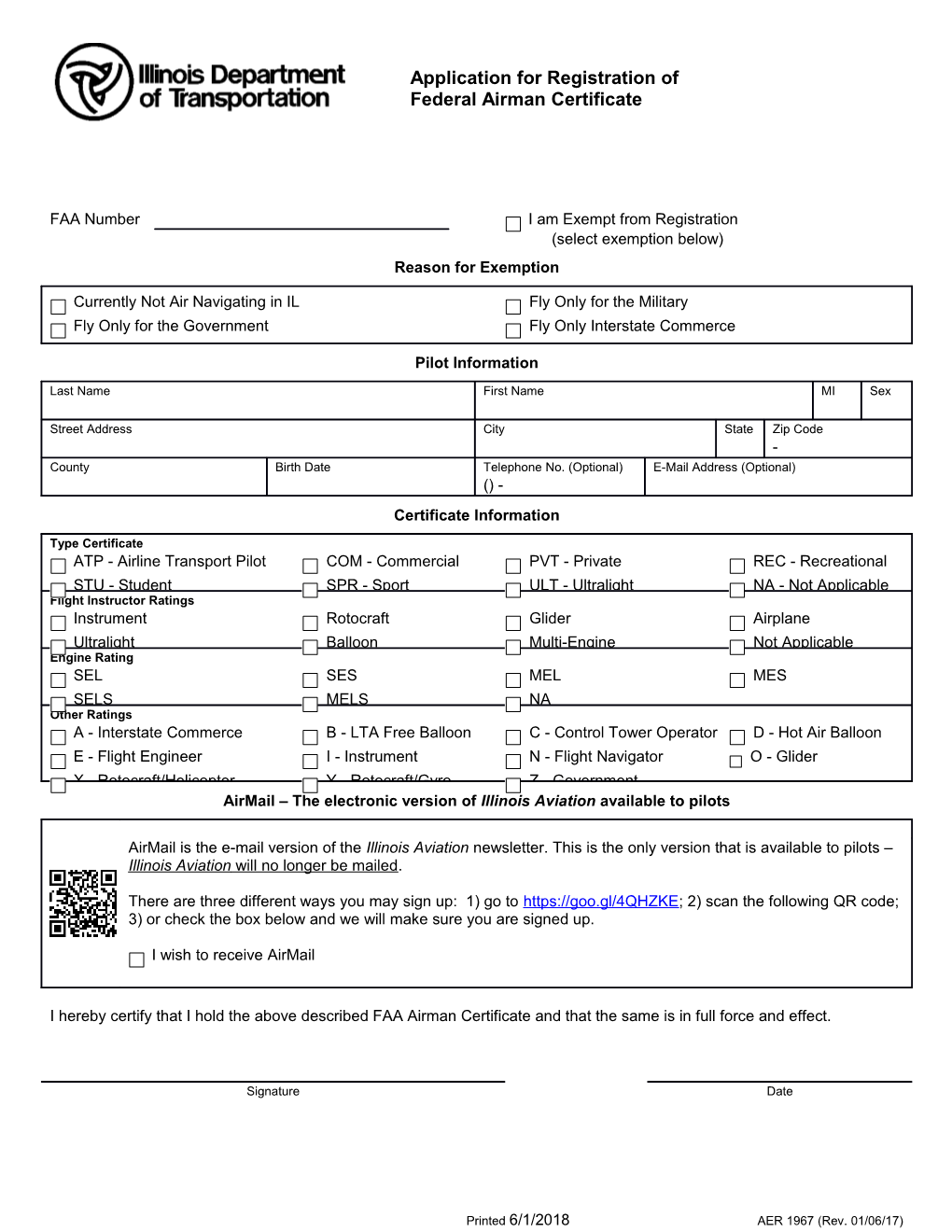 Application for Registration of Federal Airman Certificate