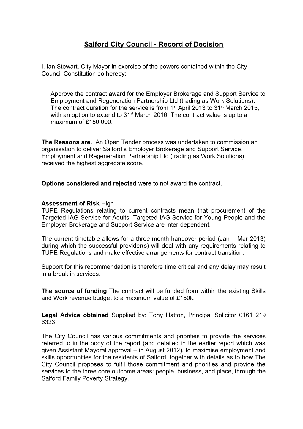 Salfordcity Council - Record of Decision