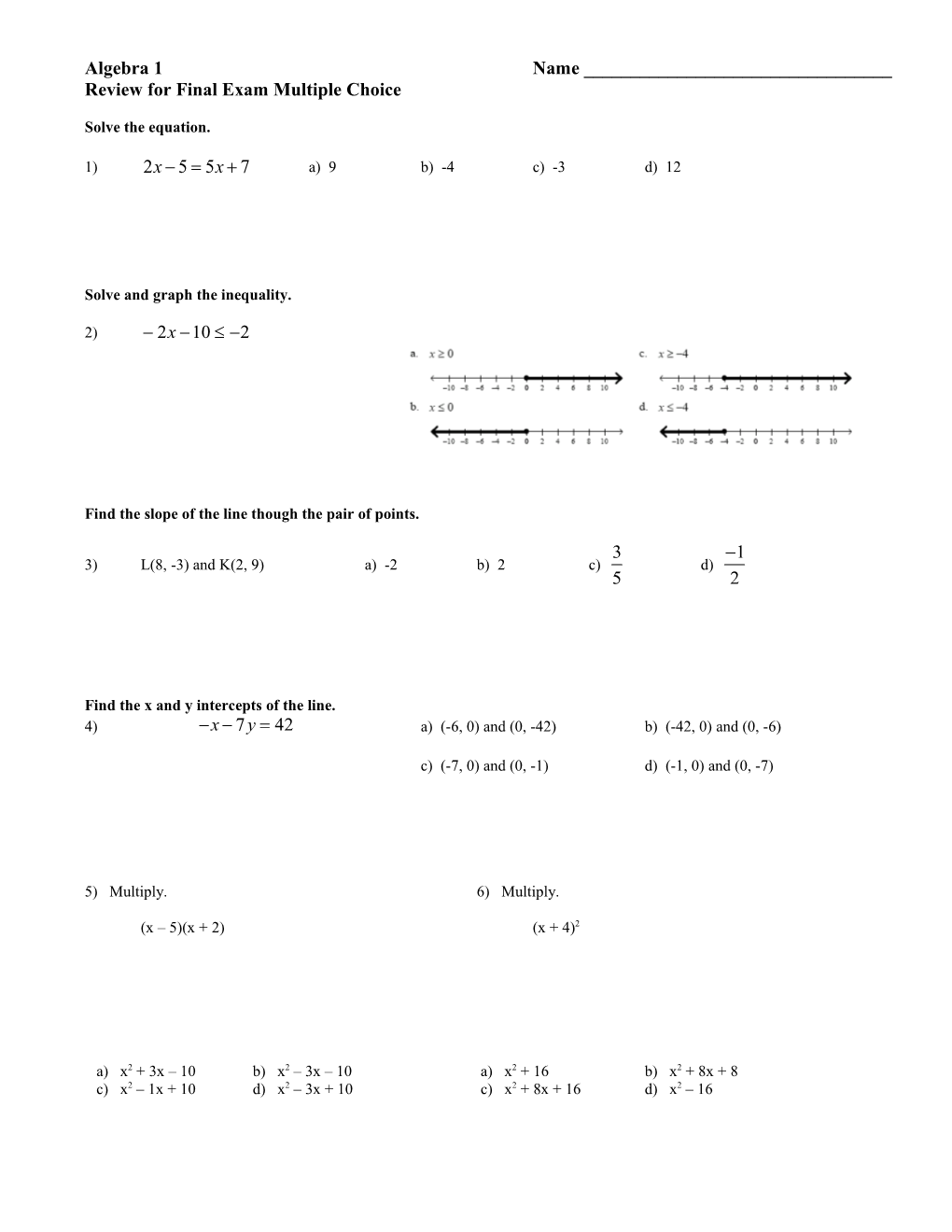 Review for Final Exam Multiple Choice