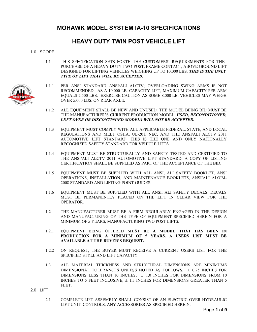 __ Mohawk Model System -1A Specifications