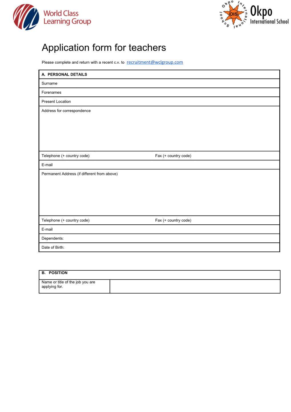 Application Form for Teachers