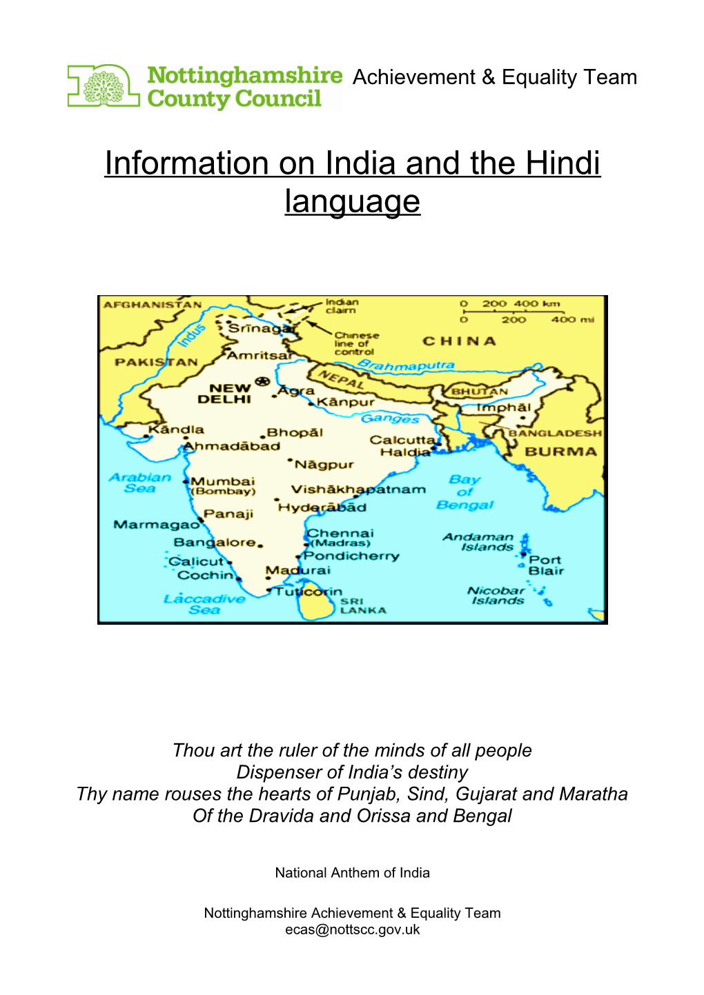 Information on India and the Hindi Language