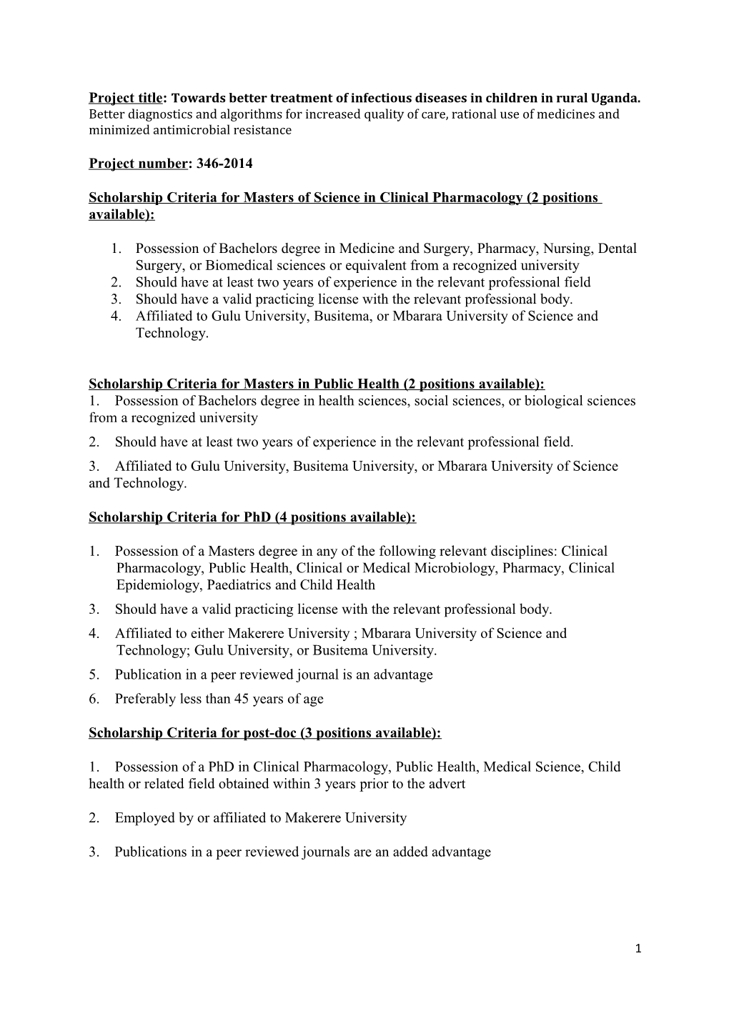 Scholarship Criteria for Masters of Science in Clinical Pharmacology (2 Positions Available)