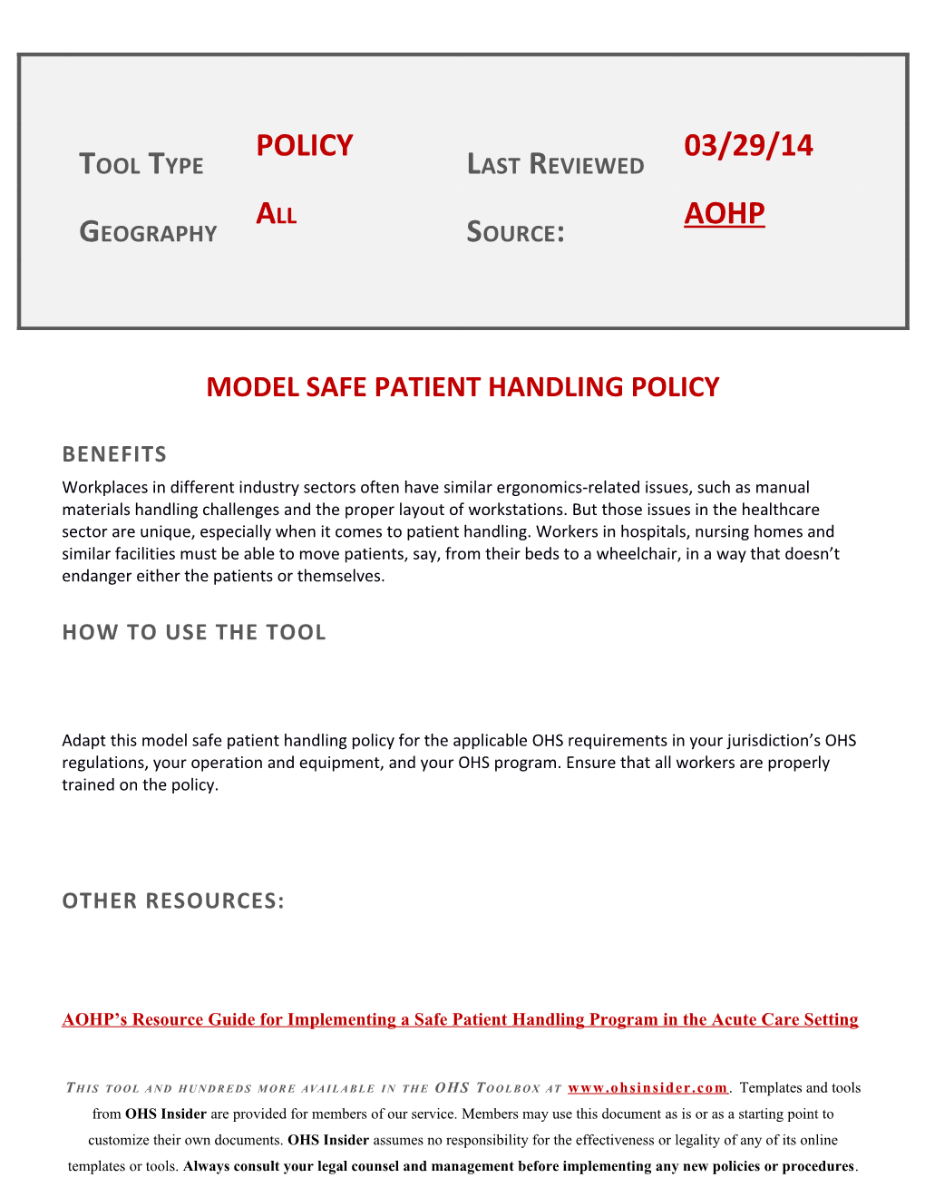 Model Safe Patient Handling Policy