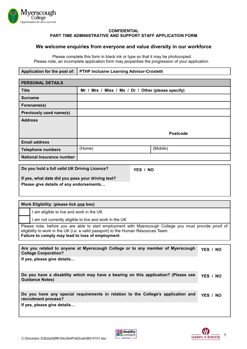 Part Time Administrative and Support Staff Application Form