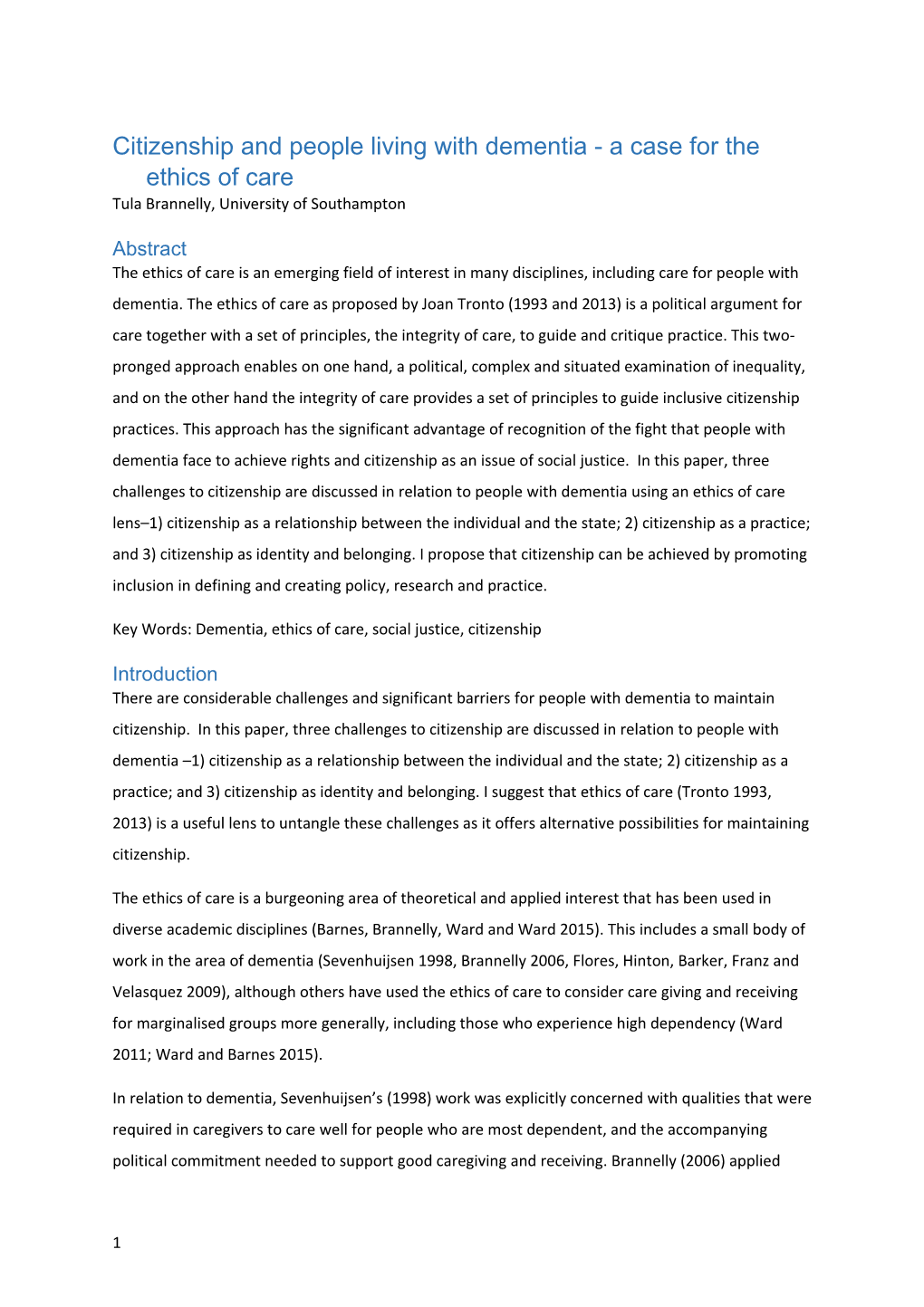 Citizenship and People Living with Dementia - a Case for the Ethics of Care