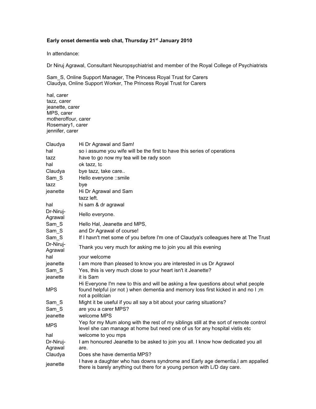 Early Onset Dementia Web Chat, Thursday 21St January 2010