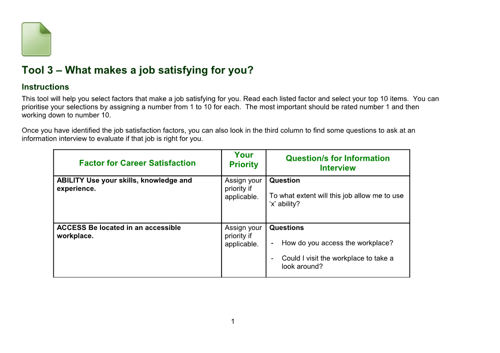 Tool 3 What Makes a Job Satisfying for You?