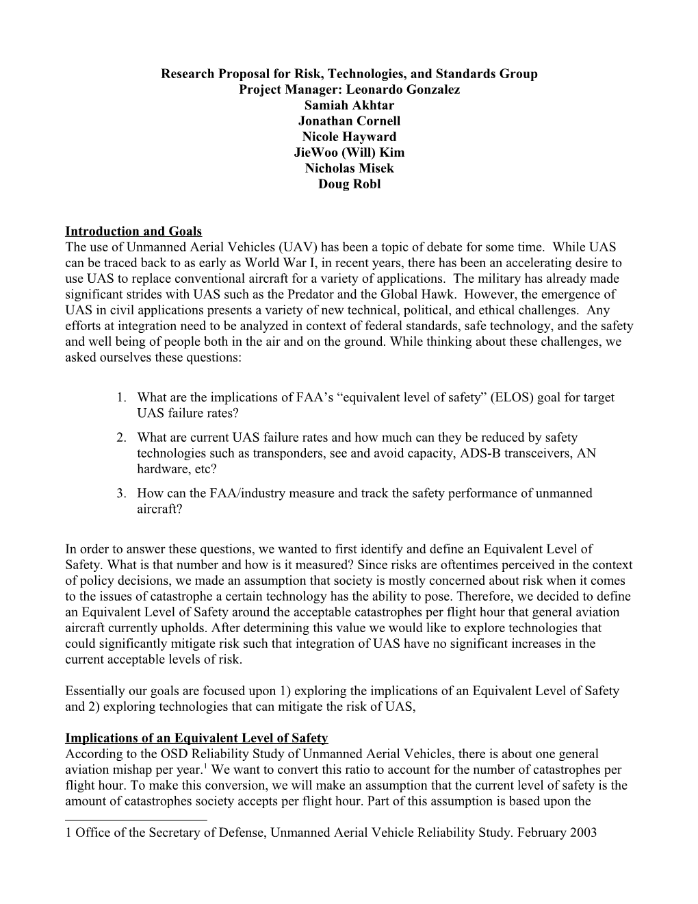 Research Proposal for Risk, Technologies, and Standards Group