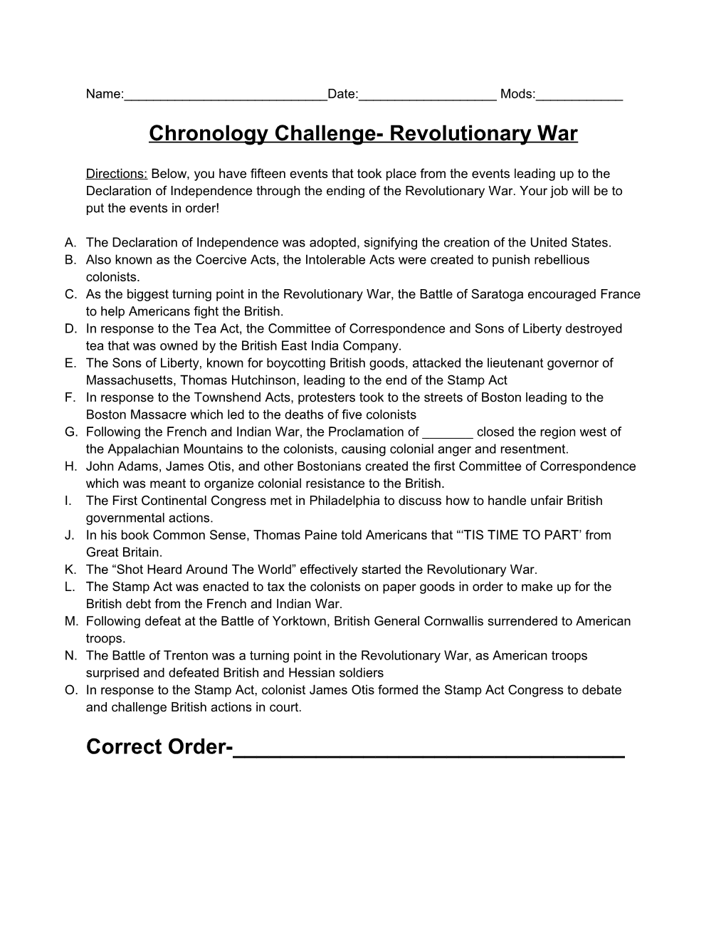 Chronology Challenge- Revolutionary War