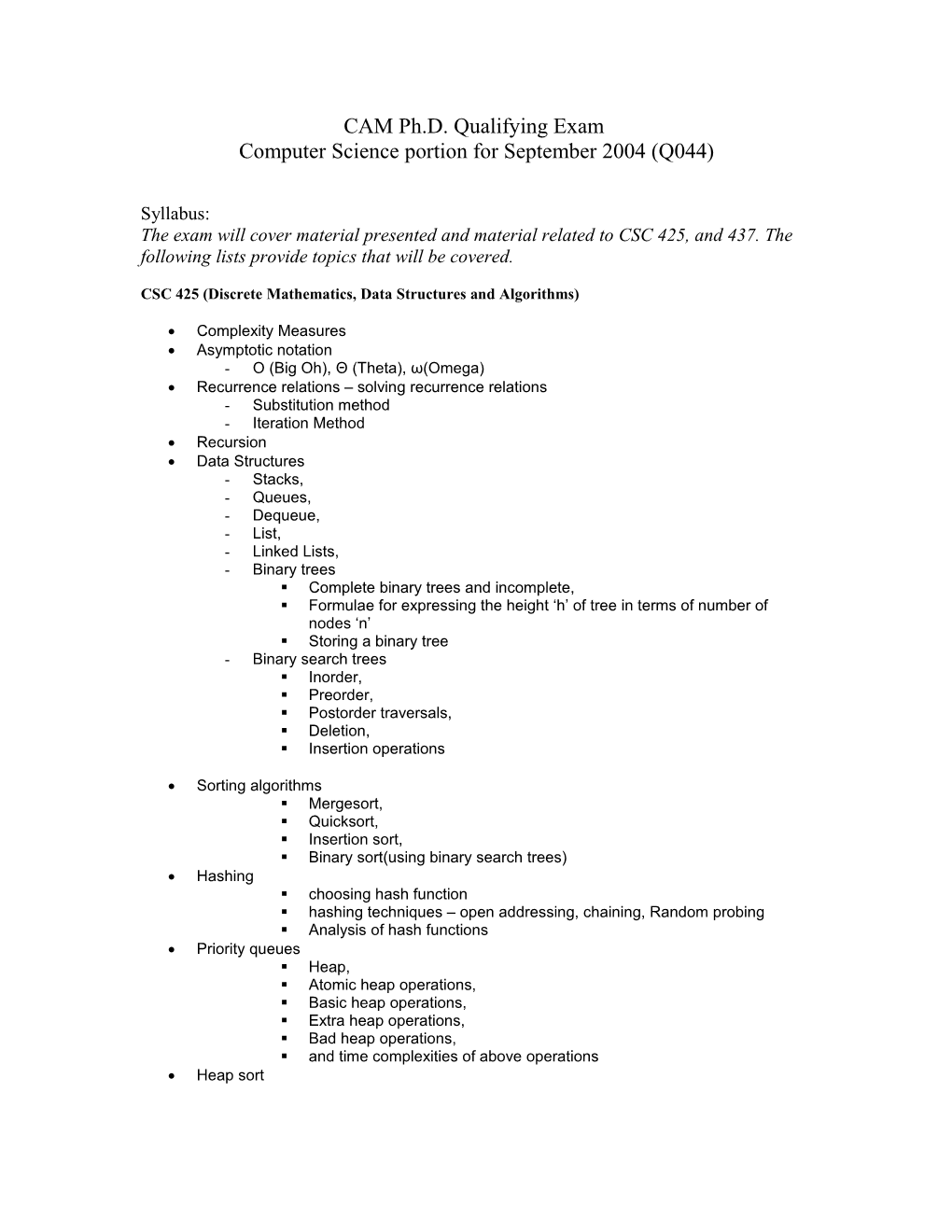 CSC 425 (Discrete Mathematics, Data Structures and Algorithms)