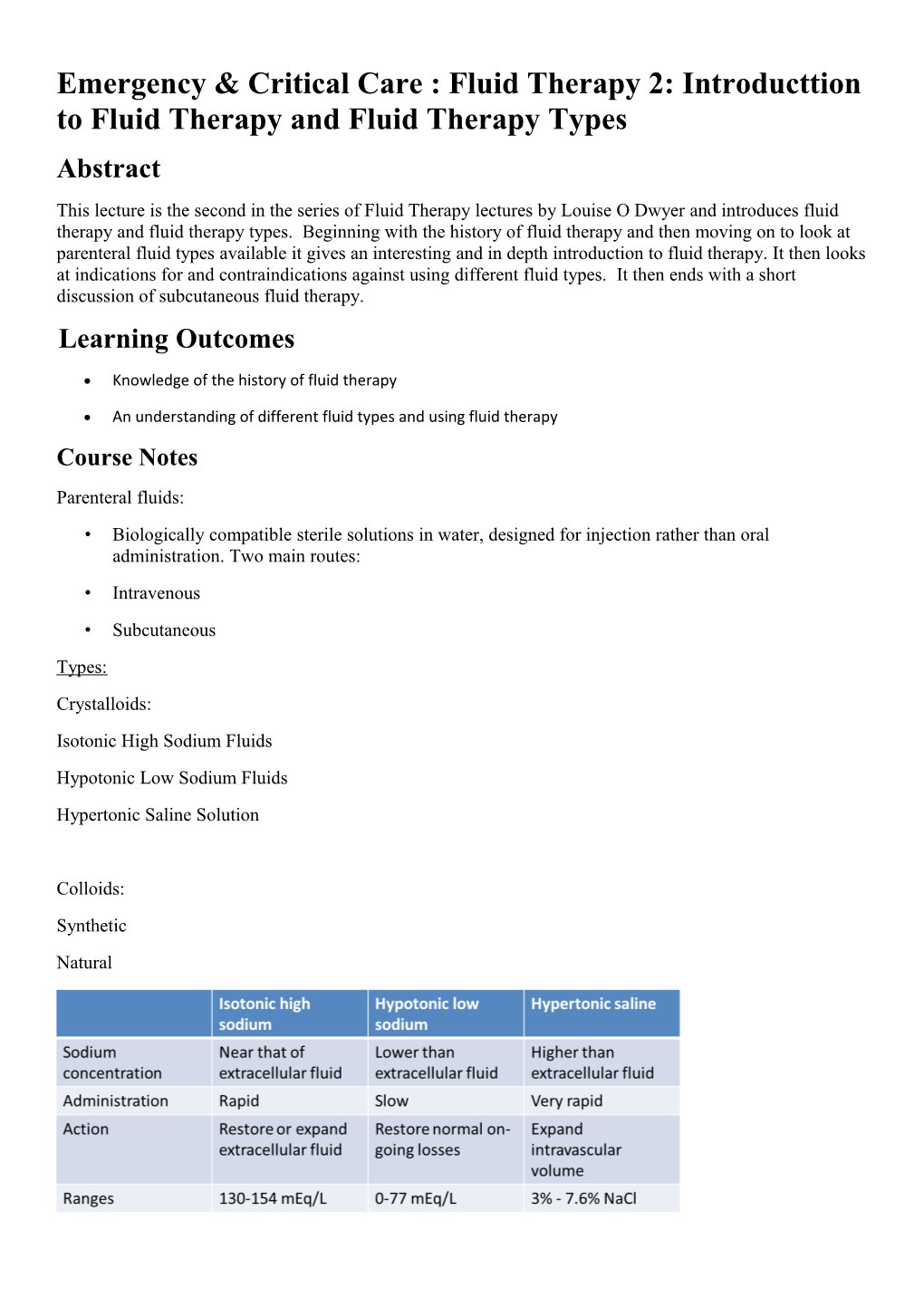 Emergency & Critical Care : Fluid Therapy 2: Introducttion to Fluid Therapy and Fluid