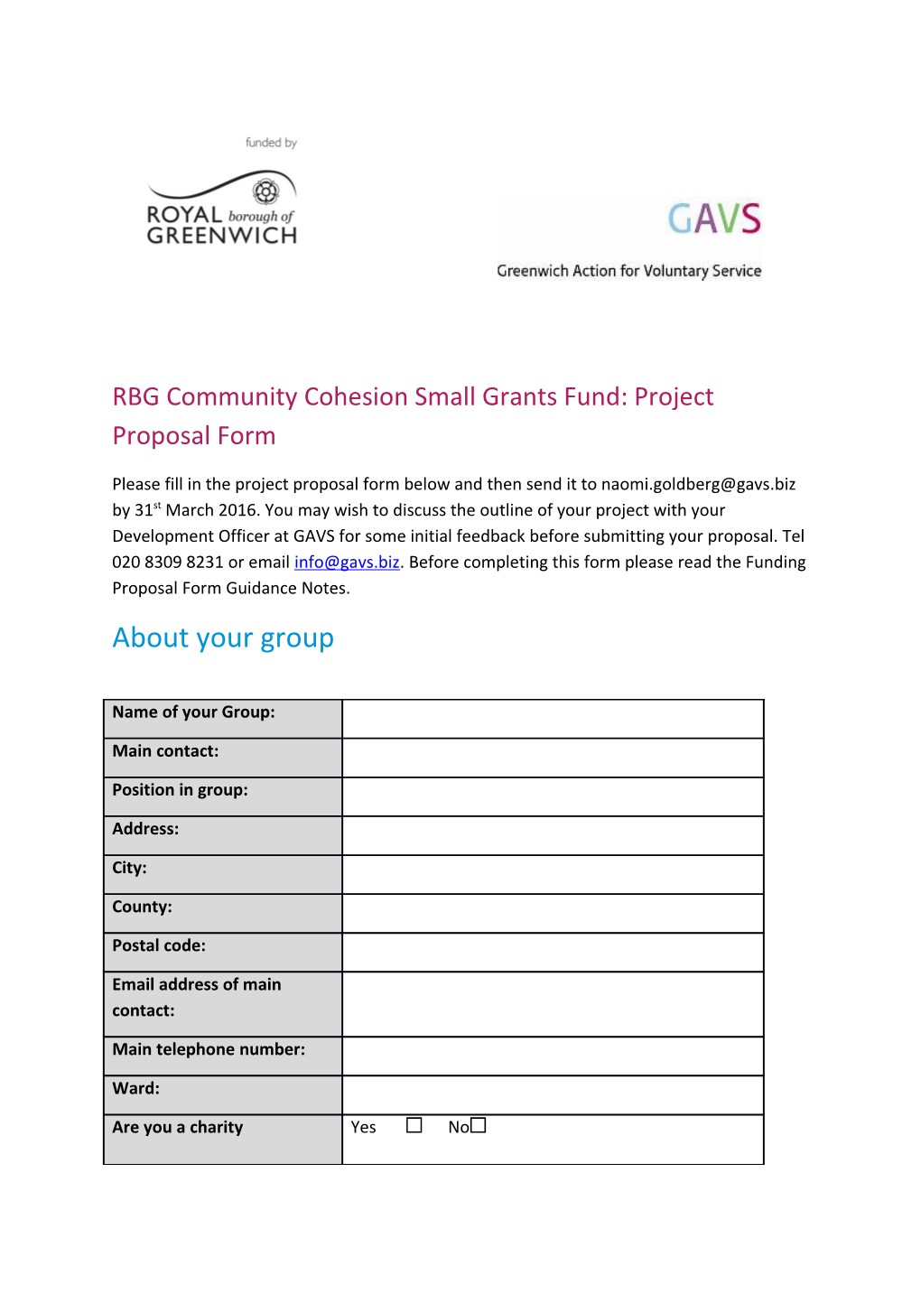 RBG Community Cohesion Small Grants Fund: Project Proposal Form