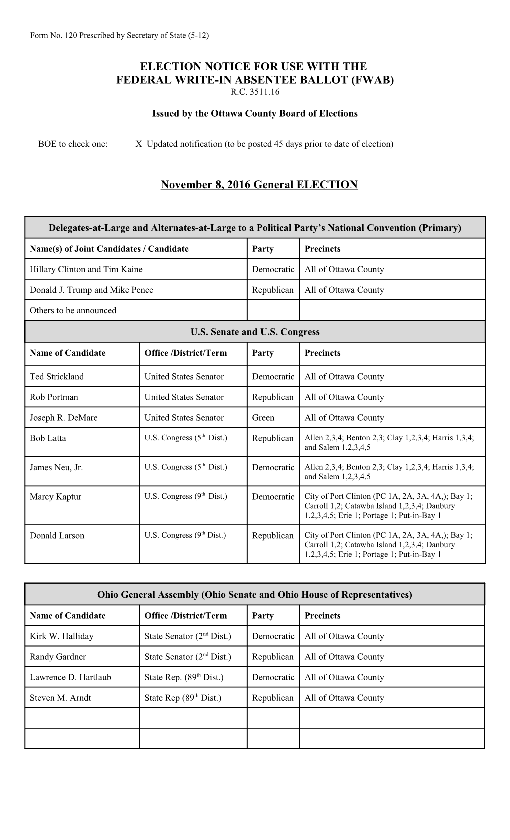 Form No. 120 Prescribed by Secretary of State (5-12)