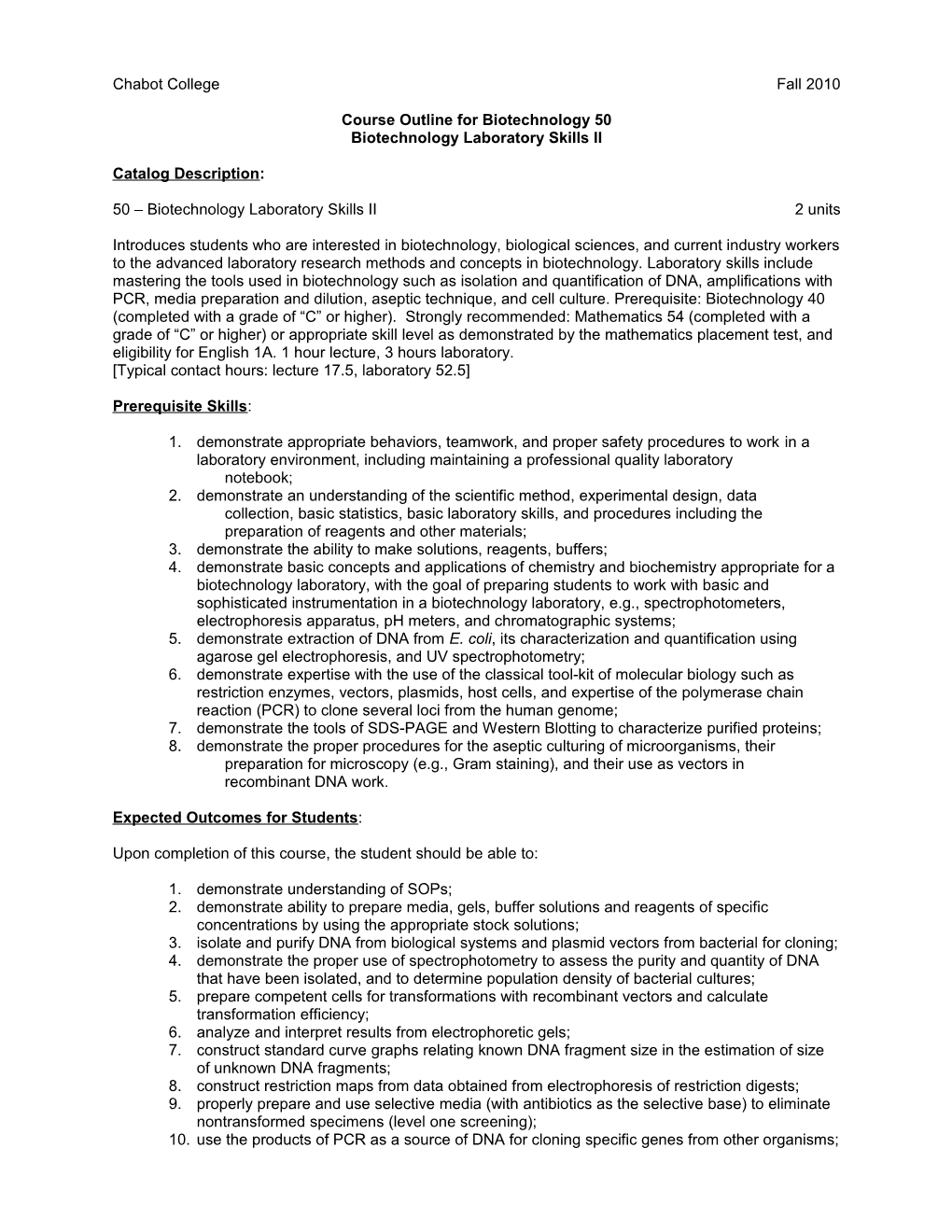 Course Outline for Biotechnology 50, Page 3