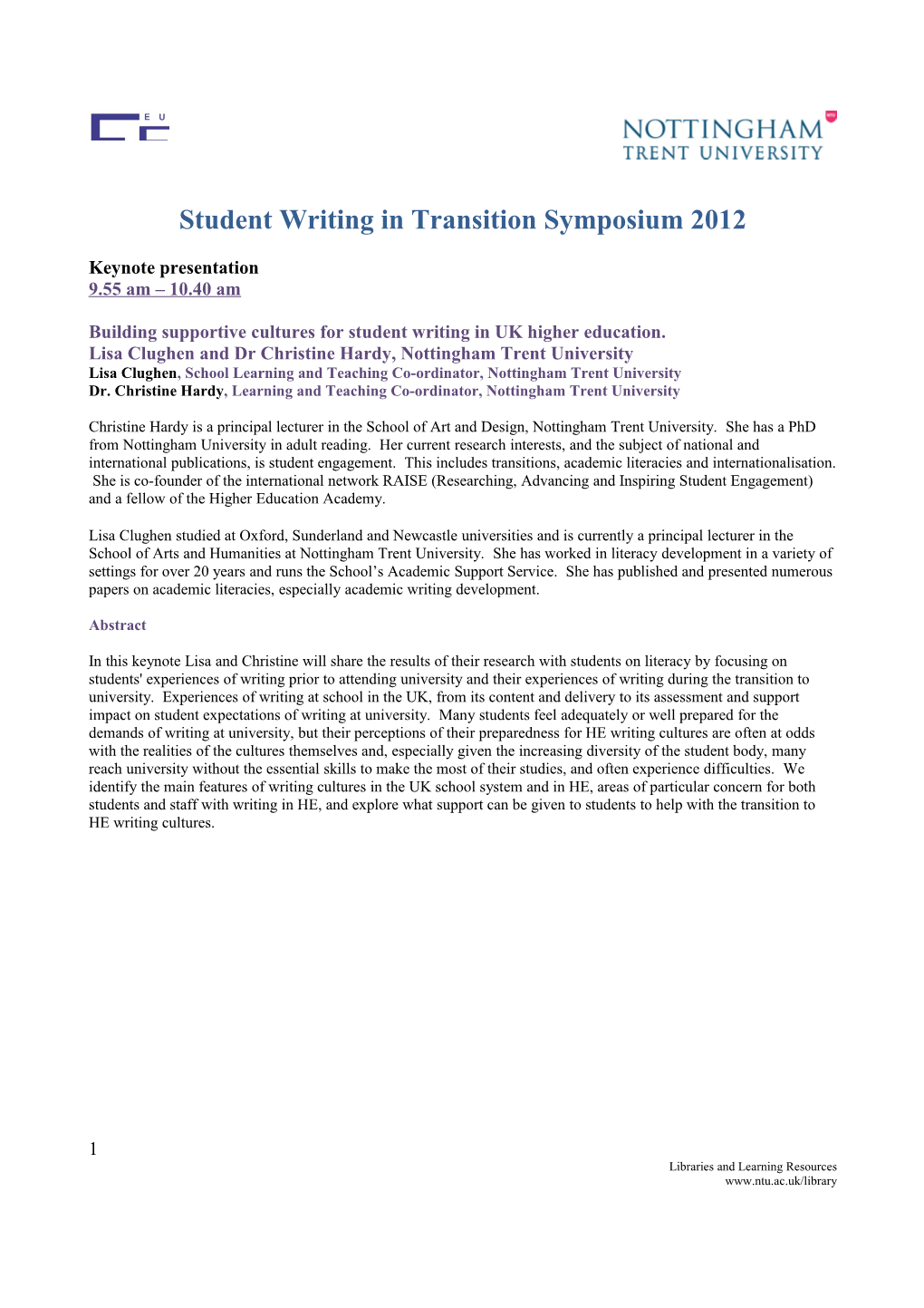 Student Writing in Transition Symposium 2012