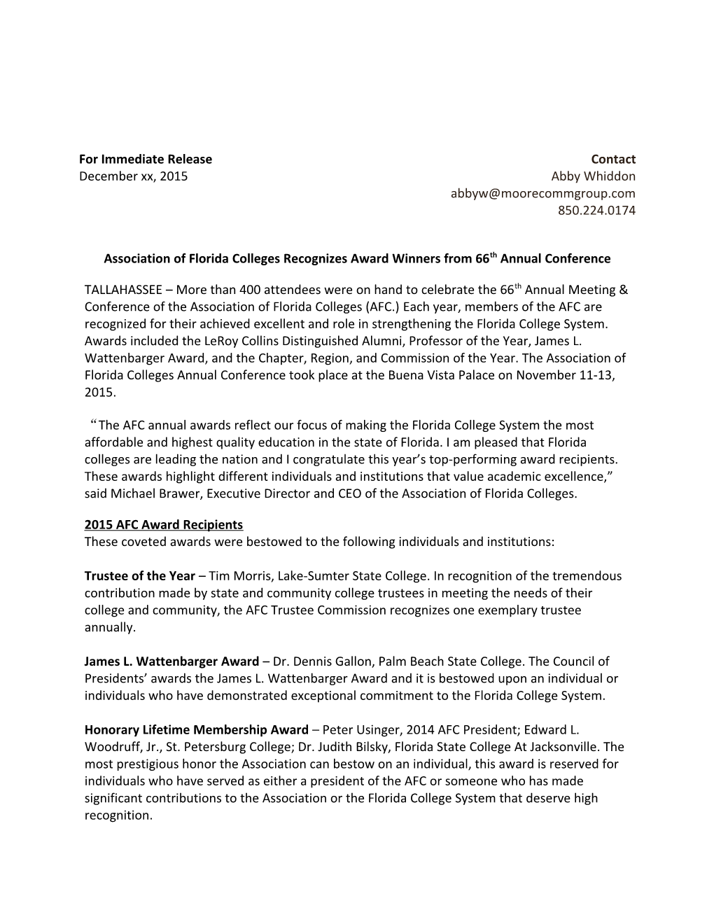 Association of Florida Colleges Recognizes Award Winners from 66Th Annual Conference