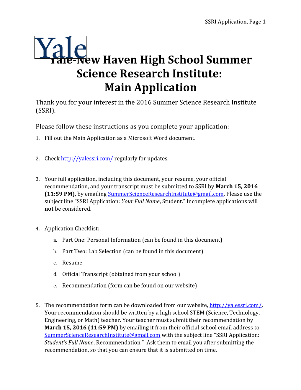 Yale-New Haven High School Summer Science Research Institute