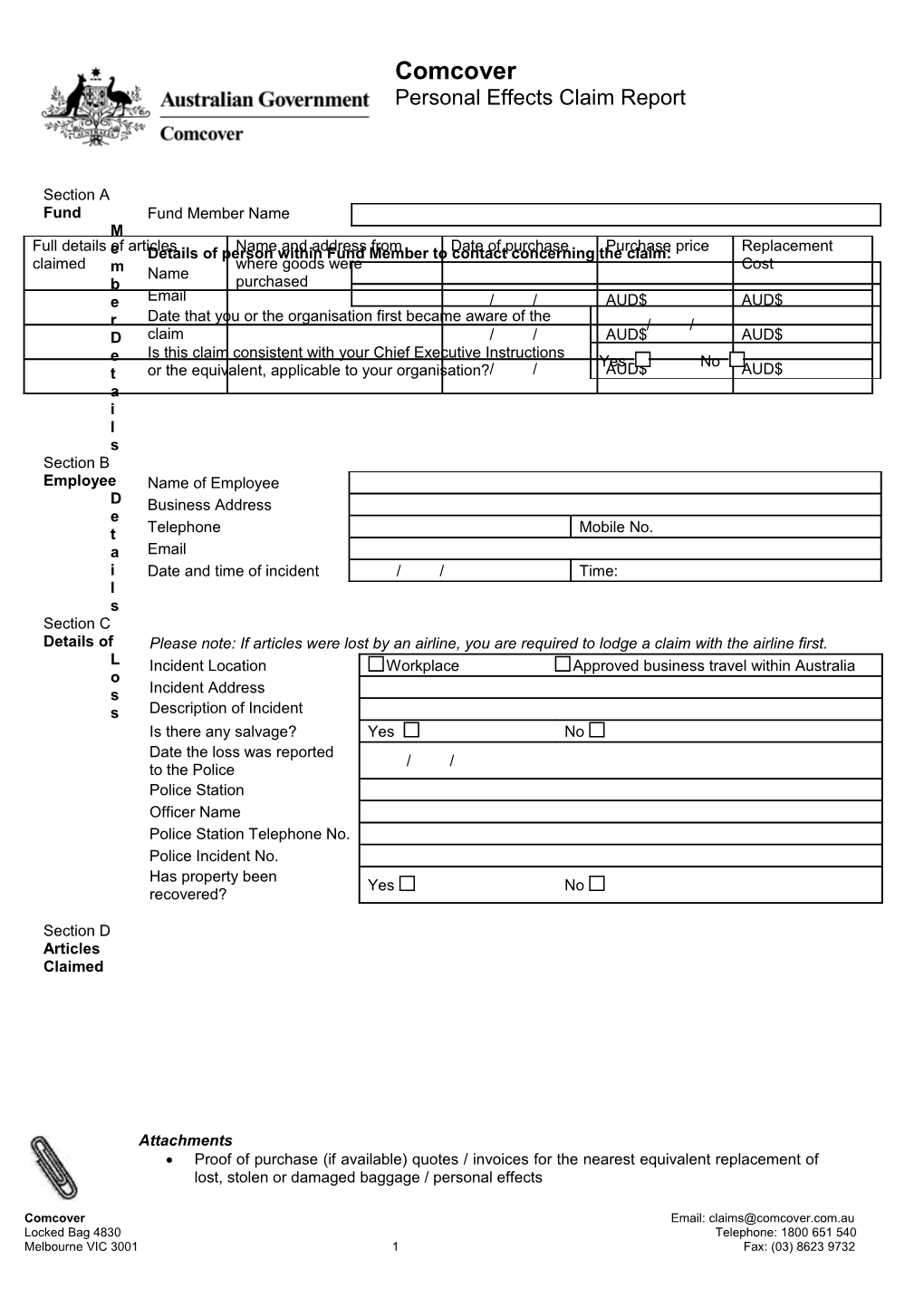 Personal Effects Claim Report