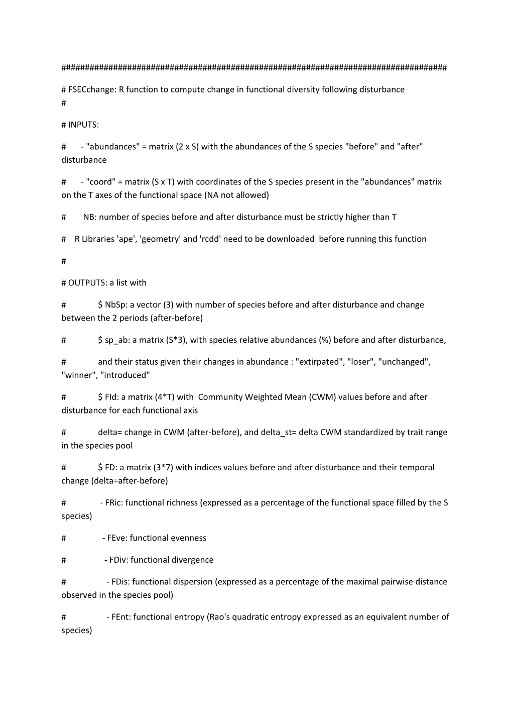 Fsecchange: R Function to Compute Change in Functional Diversity Following Disturbance
