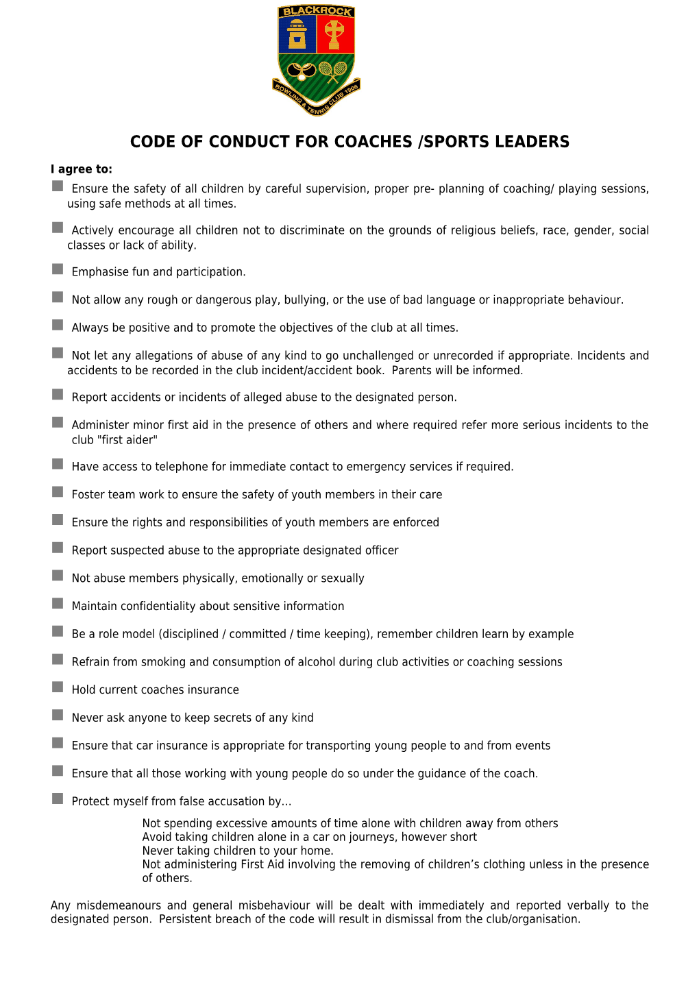 Sample Codes of Conduct for Coaches /Sports Leaders