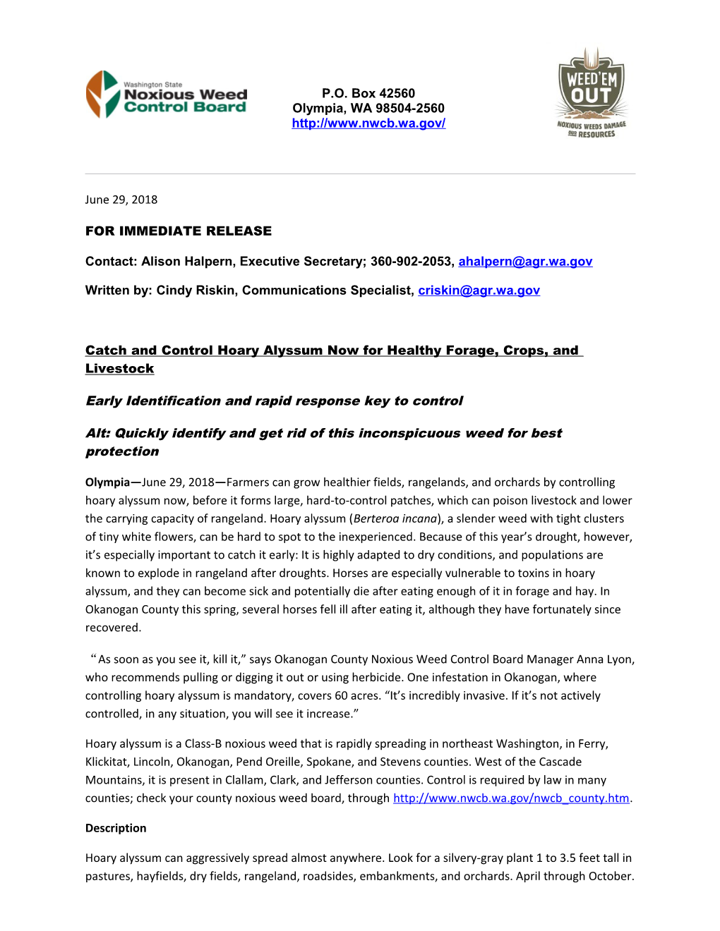 Washington State Noxious Weed Control Board 6/15/15