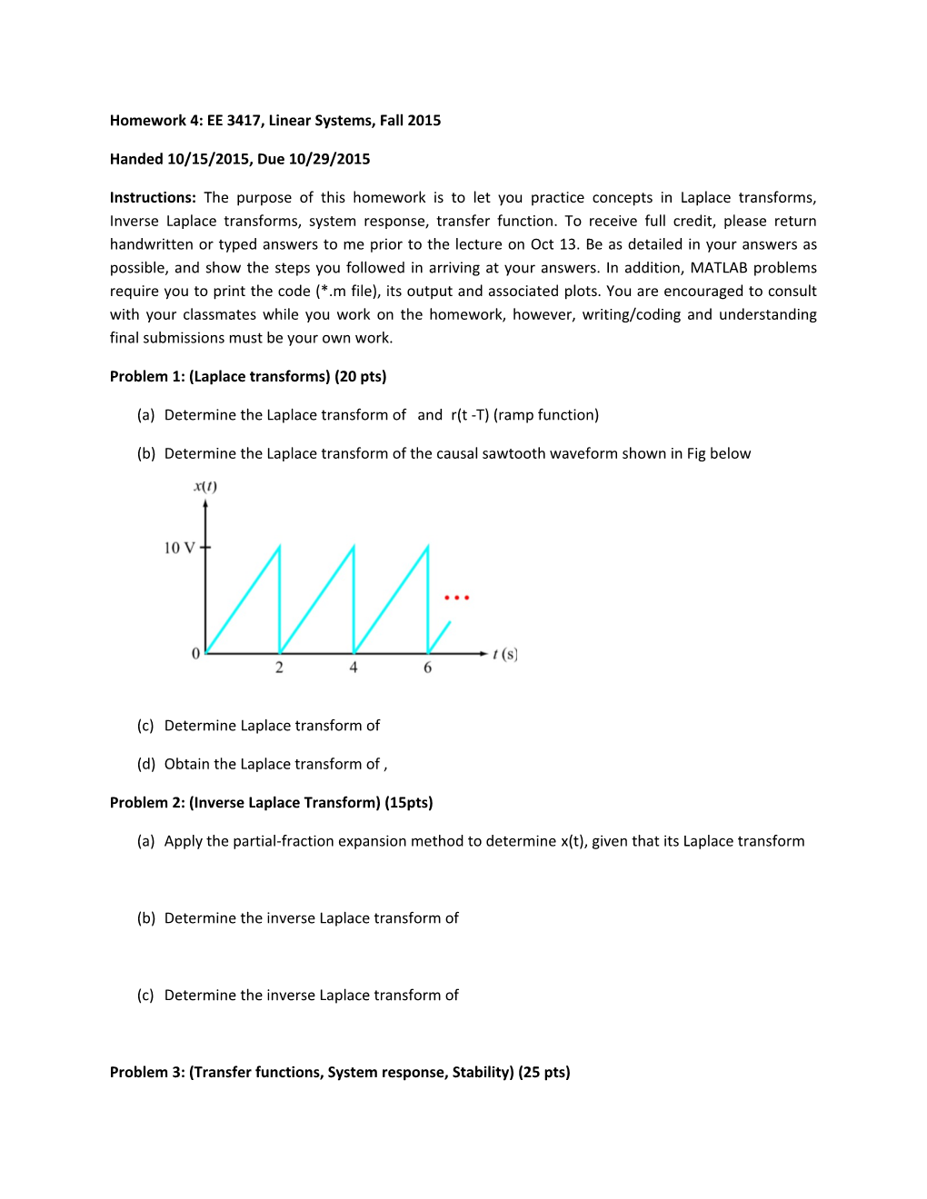 Homework 4: EE 3417, Linear Systems, Fall 2015