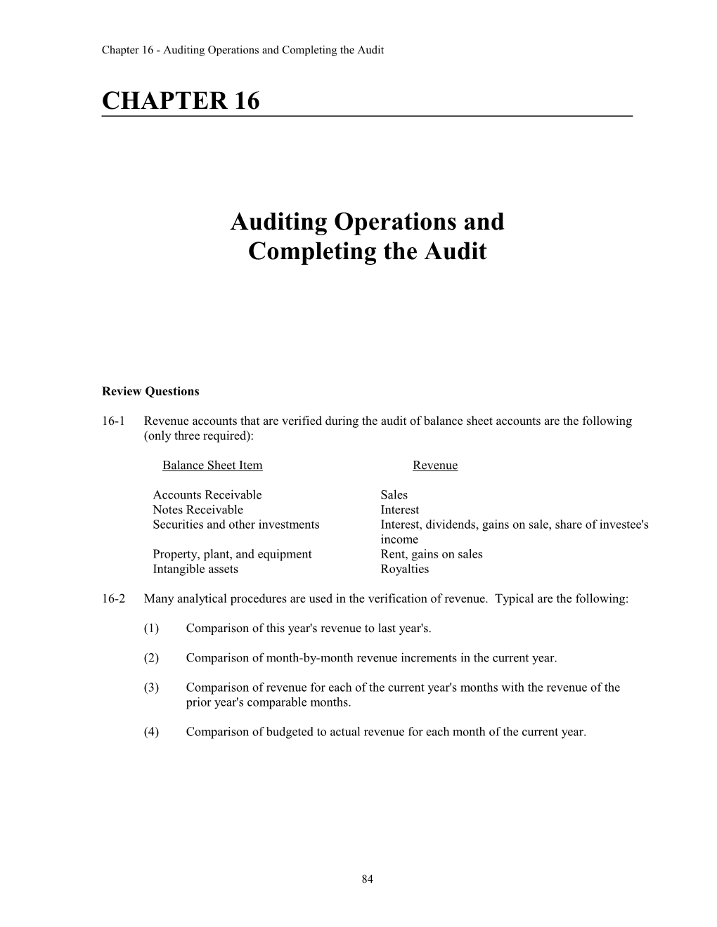 Chapter 16 - Auditing Operations and Completing the Audit