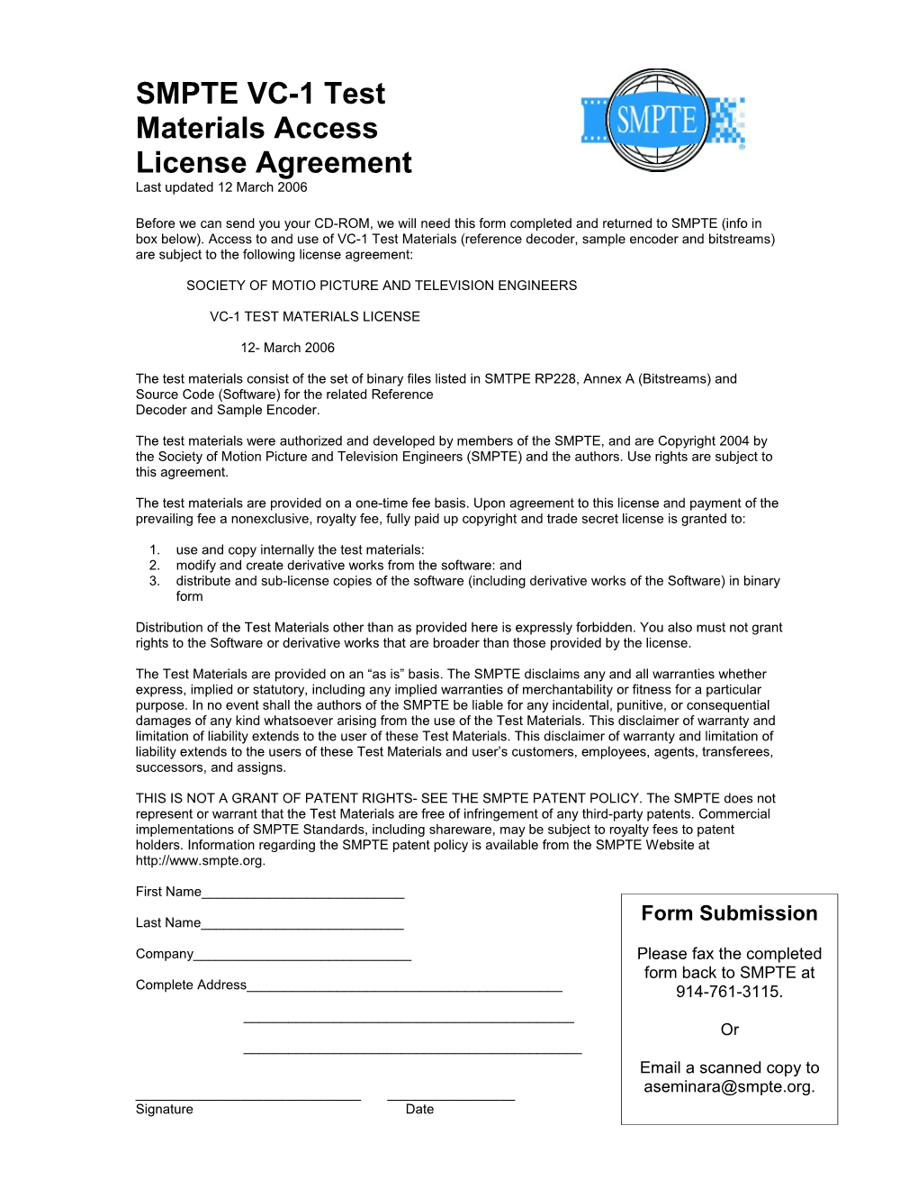 SMPTE VC-1 Test Materials Access