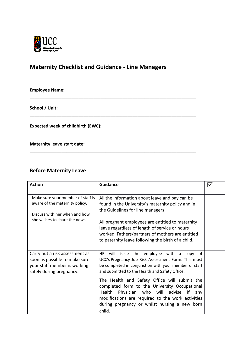 Maternity Checklist and Guidance - Line Managers