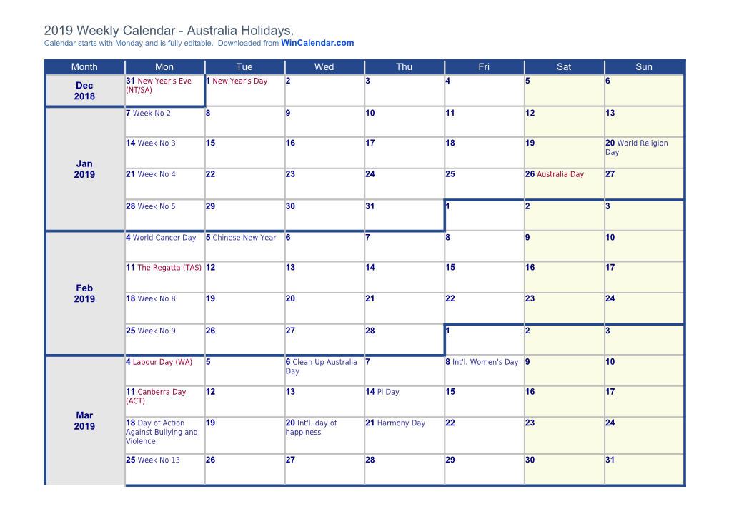 2019 Weekly Calendar with Festive and National Holidays - Australia