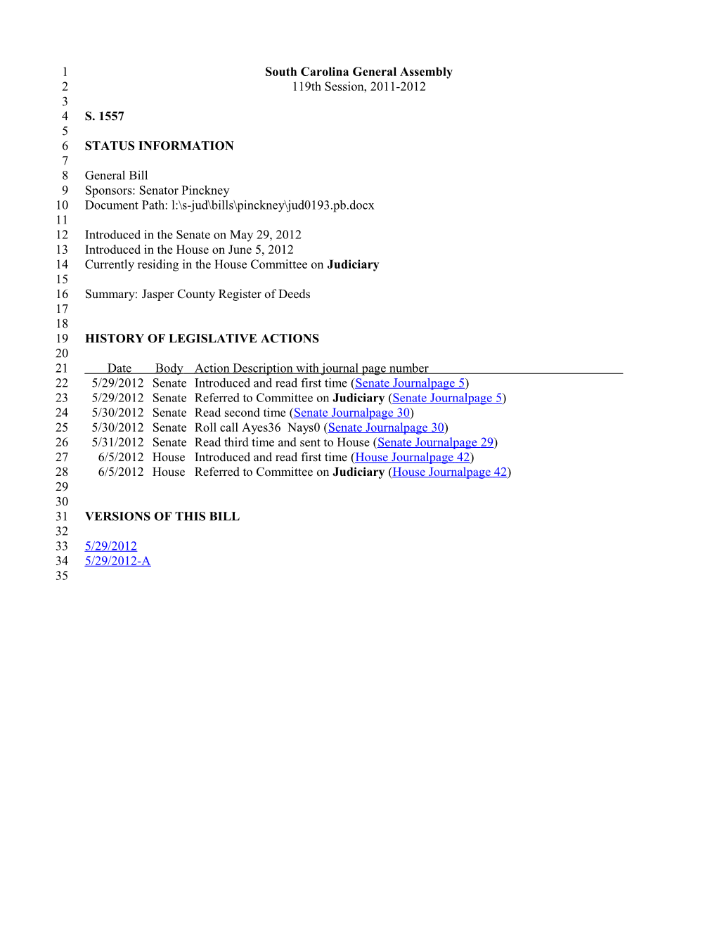 2011-2012 Bill 1557: Jasper County Register of Deeds - South Carolina Legislature Online