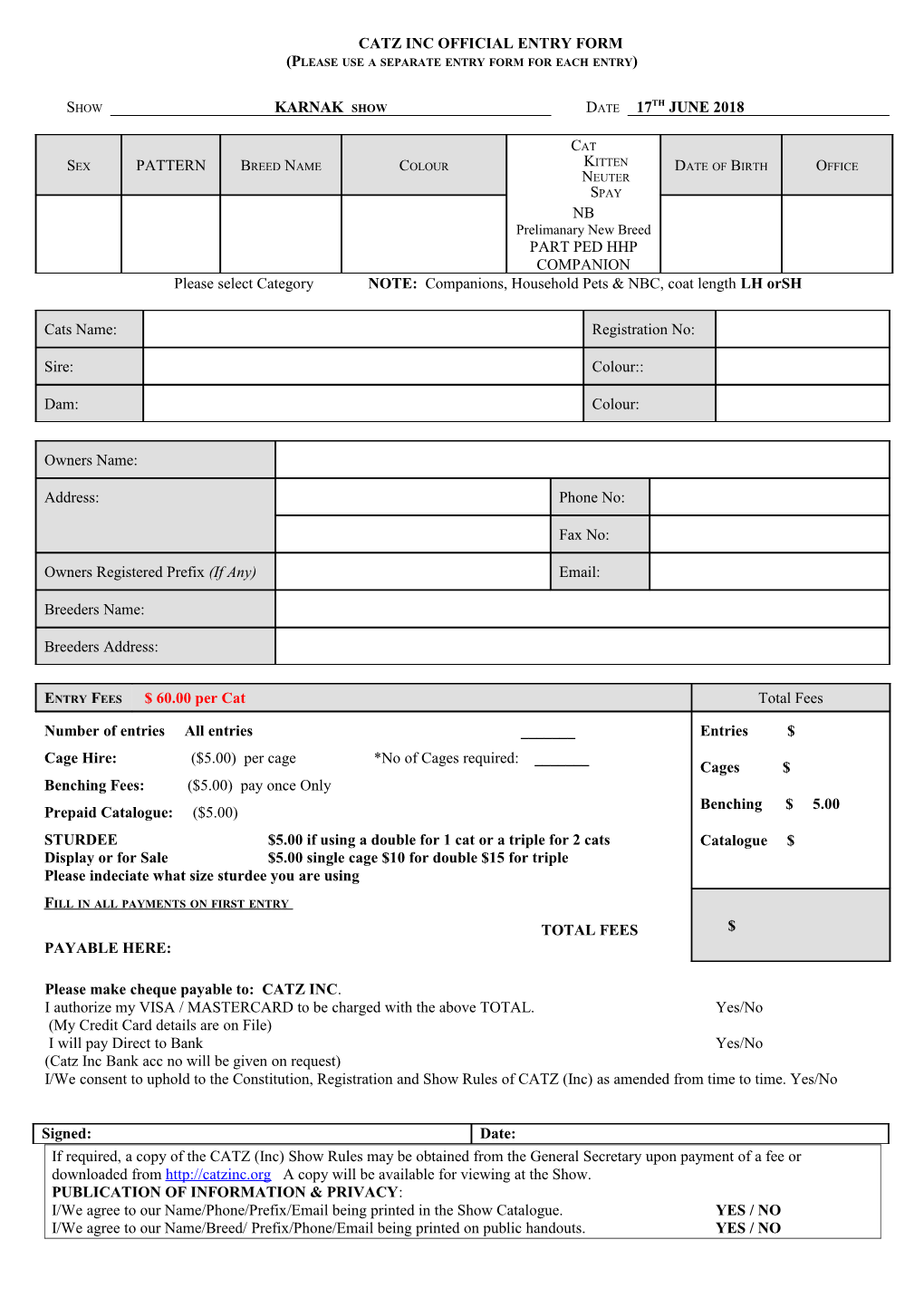 CATZ INC Official Entry Form