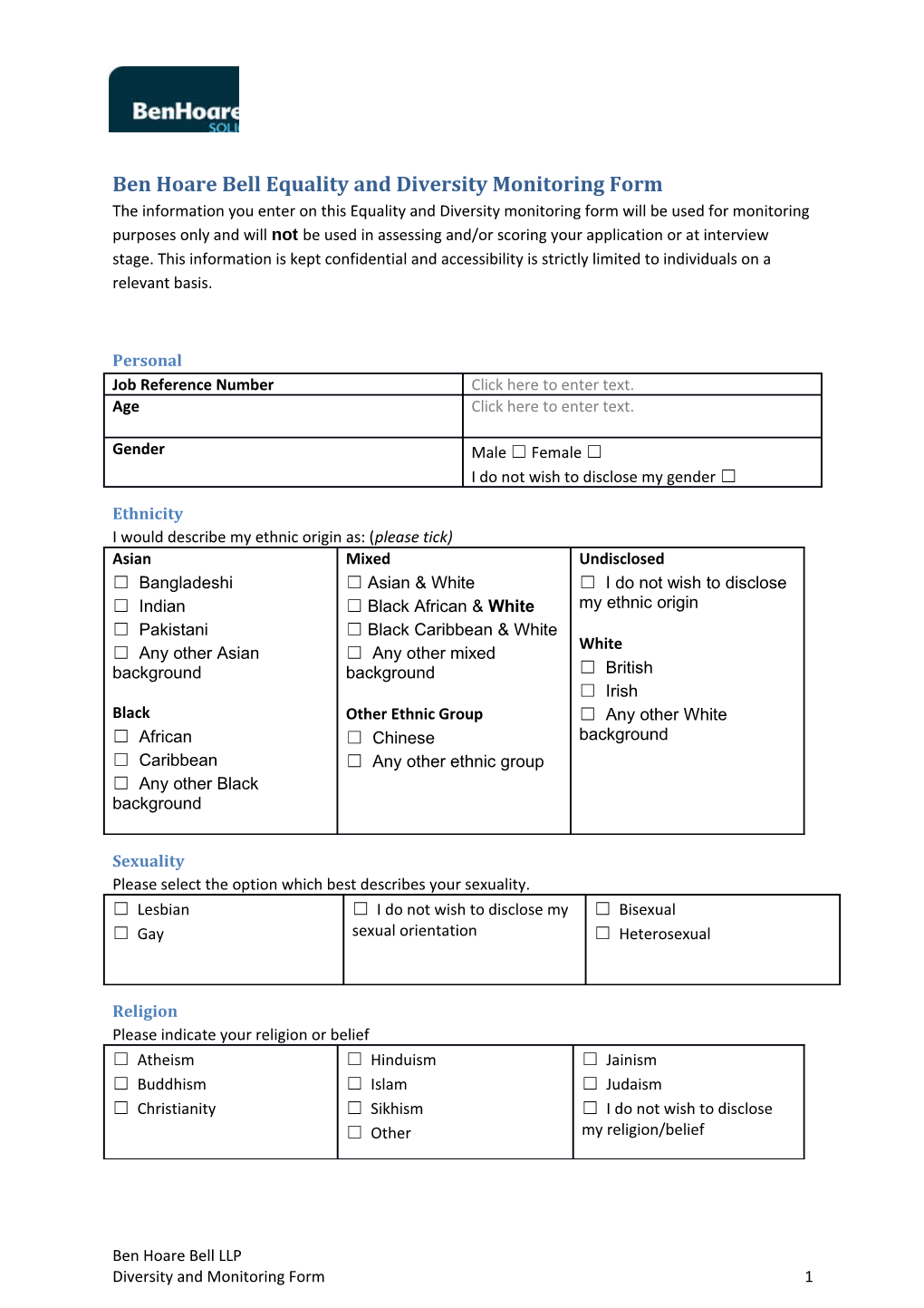 Ben Hoare Bell Equality and Diversity Monitoring Form