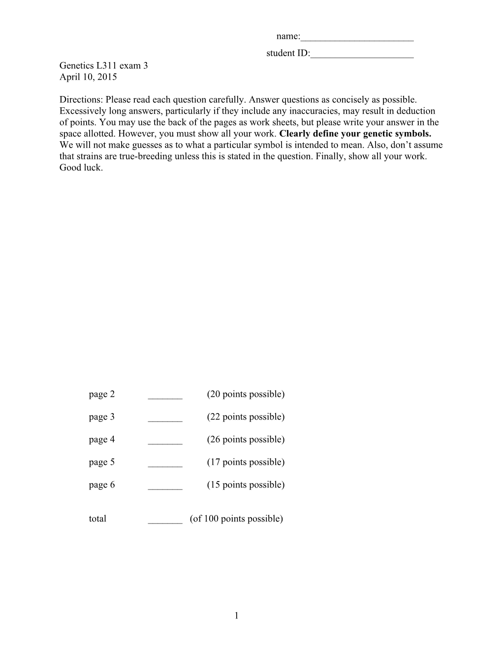 Genetics L311 Exam 3