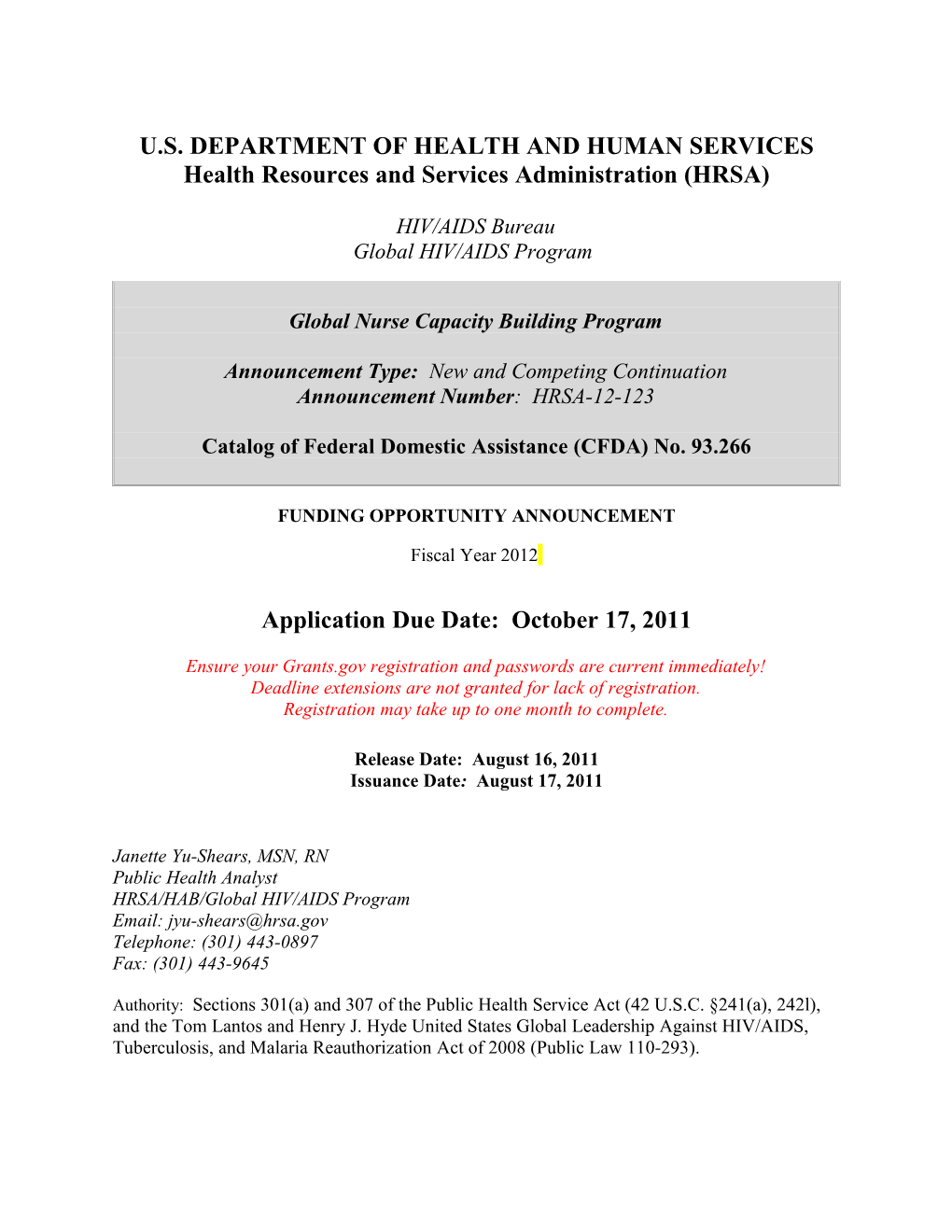 HRSA Funding Opportunity Announcement Template s1