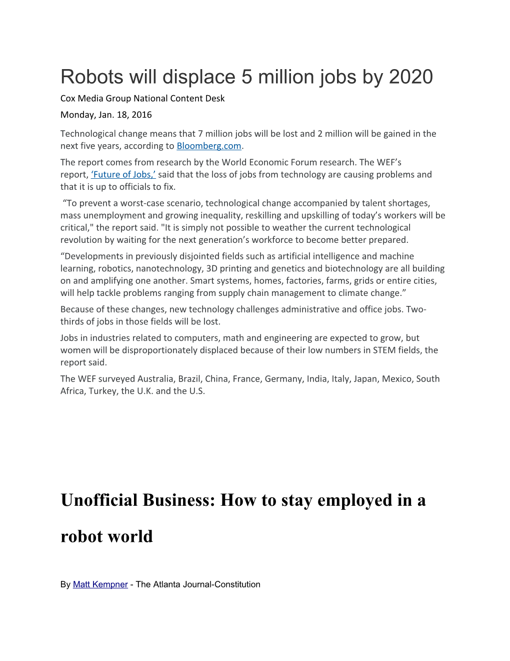 Robots Will Displace 5 Million Jobs by 2020
