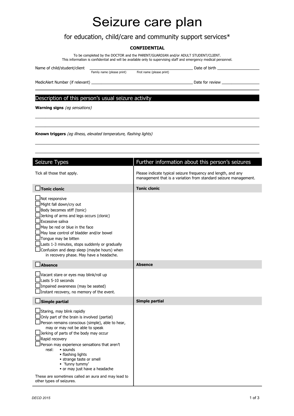 Seizure Care Plan