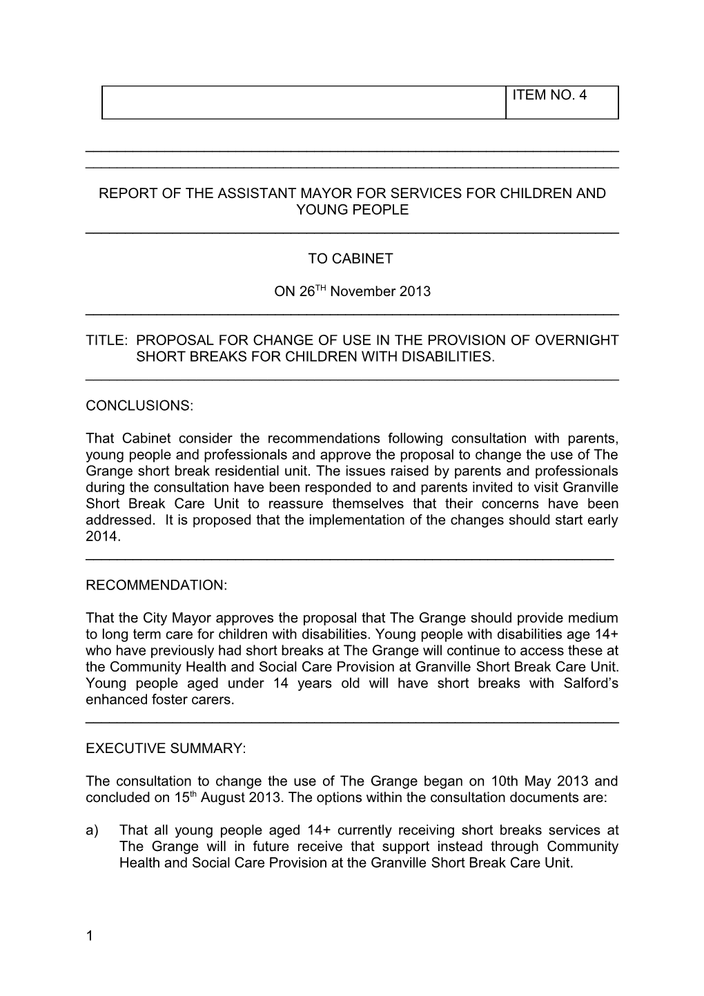 Report of the Assistant Mayor for Services for Children and Young People