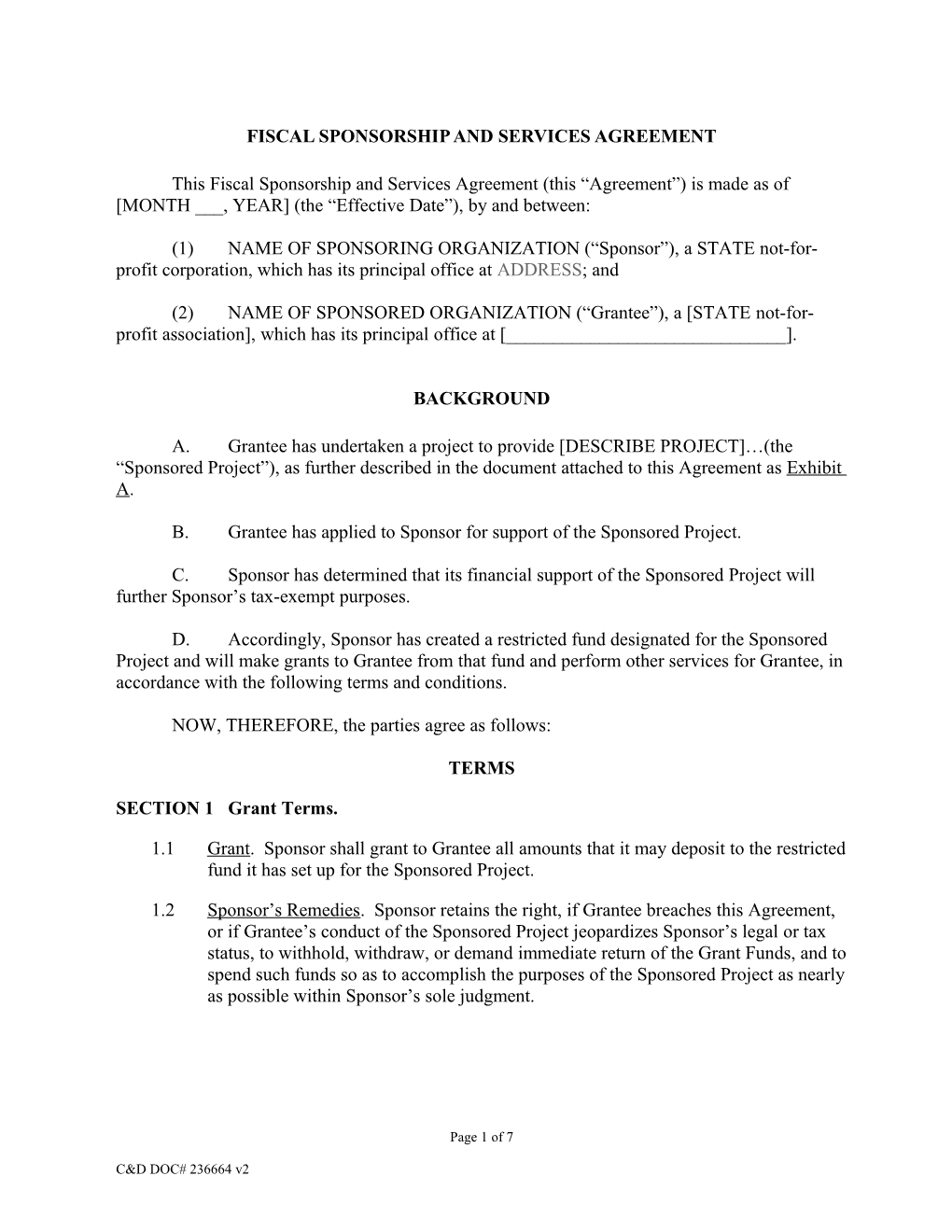 Fiscal Sponsorship and Services Agreement