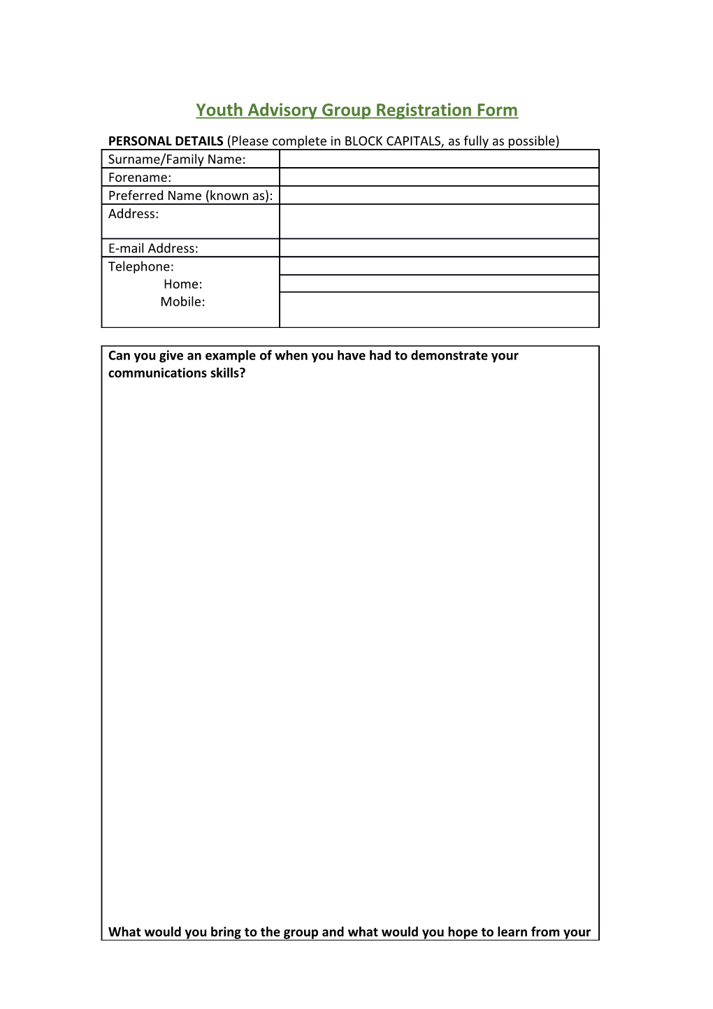 Youth Advisory Group Registration Form