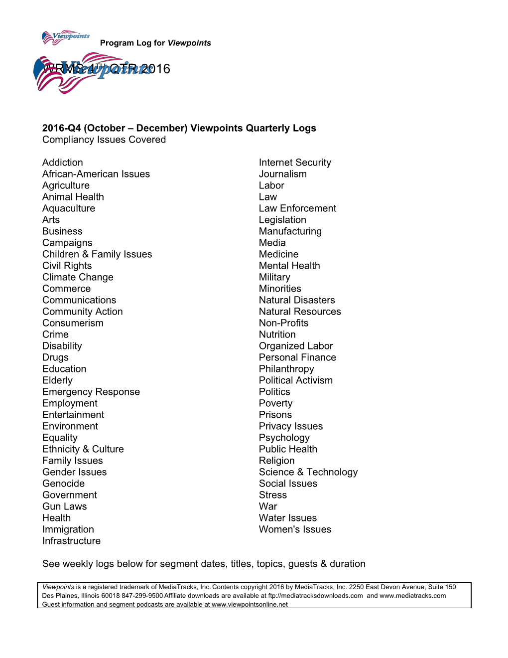 Program Log for Viewpoints